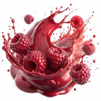 Raspberry jam in the form of a splash flying in the air and raspberries on a white background. photo