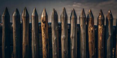 An old fence made of logs tightly fitted to each other with pointed ends on a white background. photo