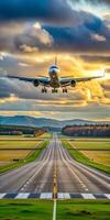 A modern plane lands on the runway at the airport. photo