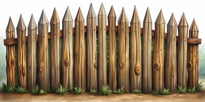 An old fence made of logs tightly fitted to each other with pointed ends on a white background. photo