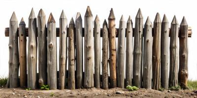 An old fence made of logs tightly fitted to each other with pointed ends on a white background. photo
