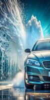 A car in a car wash - jets of water and soap foam. photo