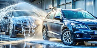 A car in a car wash - jets of water and soap foam. photo