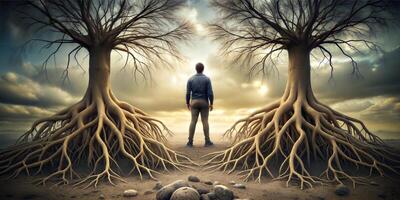 A man stands between two trees with exposed roots. photo