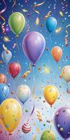 Multicolored balloons and streamers on a birthday. photo