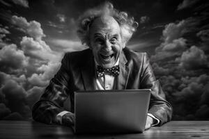 A man in a suit and bow tie is sitting at a desk with a laptop in front of him. He is smiling and he is happy. photo