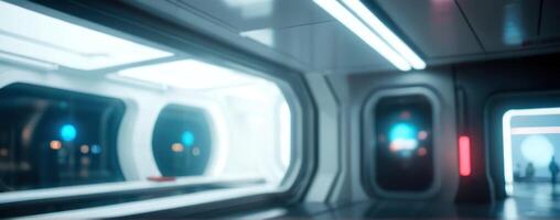 A futuristic train station with lights in the background photo