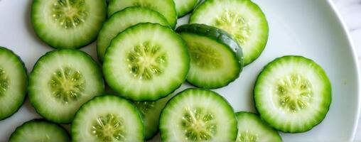 Sliced cucumbers on a white plate photo