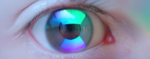 A close up image of an eye with colorful iridescence photo