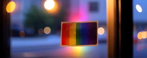 An image of a rainbow flag hanging in the window photo