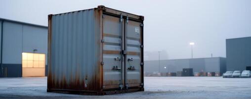 A rusty shipping container sitting in the snow photo