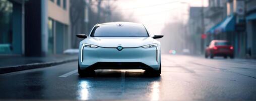 An electric car driving down a city street photo