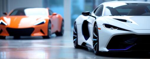 An orange and white sports car in a showroom photo