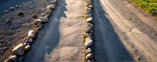 A dirt road with rocks in the middle of it photo