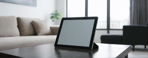 An ipad tablet sitting on a coffee table in the living room photo