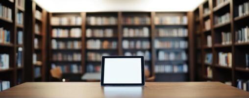 Tablet pc on a table in library stock photo
