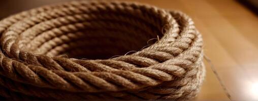 A pile of rope on top of wooden floor photo