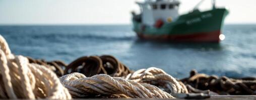A fishing boat in the ocean with ropes around it photo