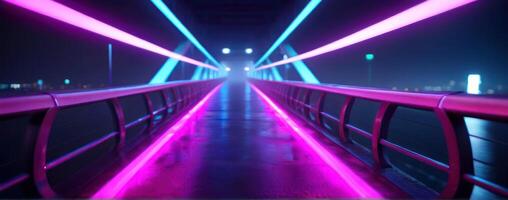 An image of a bridge at night with neon lights photo