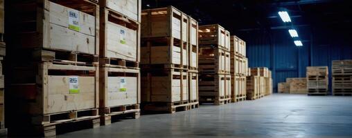 A warehouse full of wooden crates and pallets photo