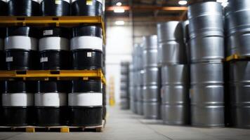 Barrels of oil stacked in a warehouse photo