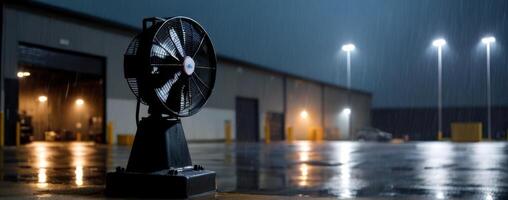 A fan sits in the rain in an industrial warehouse photo