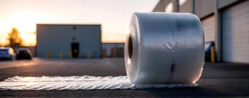 A roll of plastic wrap sitting on the ground photo