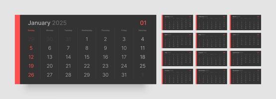 Horizontal calendar template for 2025 year. Quarterly calendar in dark color. Week Starts on Sunday. vector