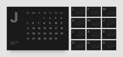 Calendar in a minimalist style. Monthly calendar template for 2025 year. Wall or desk calendar in dark color. Week Starts on Sunday. vector