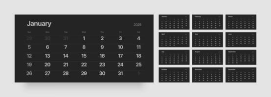 Quarterly calendar template for 2025 year. Wall or desk calendar in dark color. Week Starts on Sunday. vector