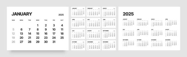 Monthly calendar template for 2025 year. Wall calendar in a minimalist style. Week Starts on Sunday. vector