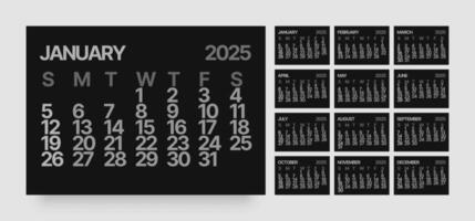 Calendar template for 2025 year. Wall or desk calendar in black color. Week Starts on Sunday. vector