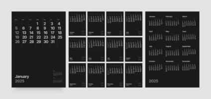 Wall or desk calendar template for 2025 year. Calendar in dark color. Week Starts on Sunday. vector