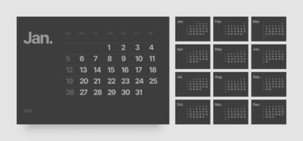 Wall calendar or 2025 year in dark color. Week Starts on Sunday. vector