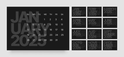 Calendar for 2025 year. Wall or desk calendar in dark color. Week Starts on Sunday. vector