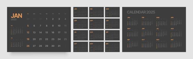 Calendar template for 2025 year. Wall calendar in dark color. Week Starts on Sunday. vector