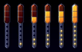 Vertical scale of progress in games. Illustrations of the orange scale are gradually filled. vector