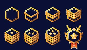 Set of game rank icons isolated. Military game ranking badge set with star insignia vector