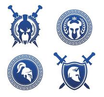 Set of round icons with warrior helmet inside. A helmet icon on a shield and crossed swords vector