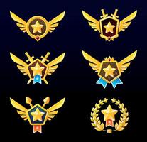 A set of different award badges with a star in a circle and wings on the sides on a dark background. Game medals for achievements vector