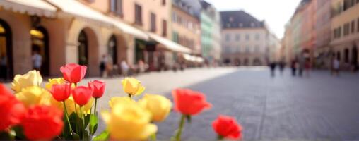 Tulips on a city street with buildings in the background photo