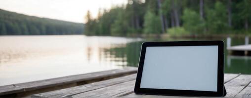 An ipad tablet sitting on a dock next to the lake photo