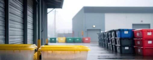 A group of yellow and red bins next to each other photo
