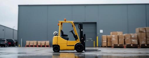A forklift is parked in front of an industrial warehouse photo