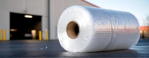 A roll of plastic wrap sitting in front of an industrial building photo