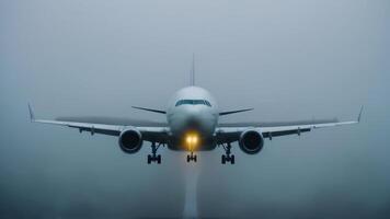 A passenger jet is taking off in the fog photo