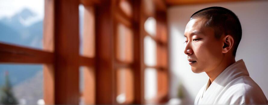 A man in white robe looking out the window photo