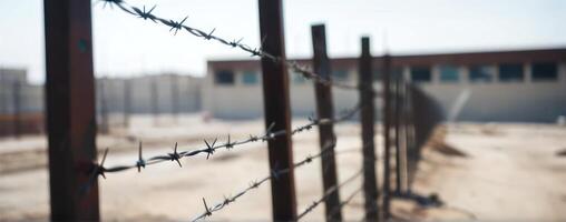 A fence with barbed wire in the background photo