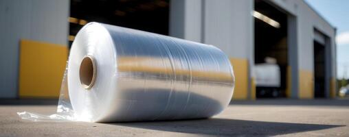 A roll of clear plastic in front of an industrial building photo