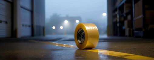 un rodar de amarillo cinta se sienta en el piso de un industrial almacén foto